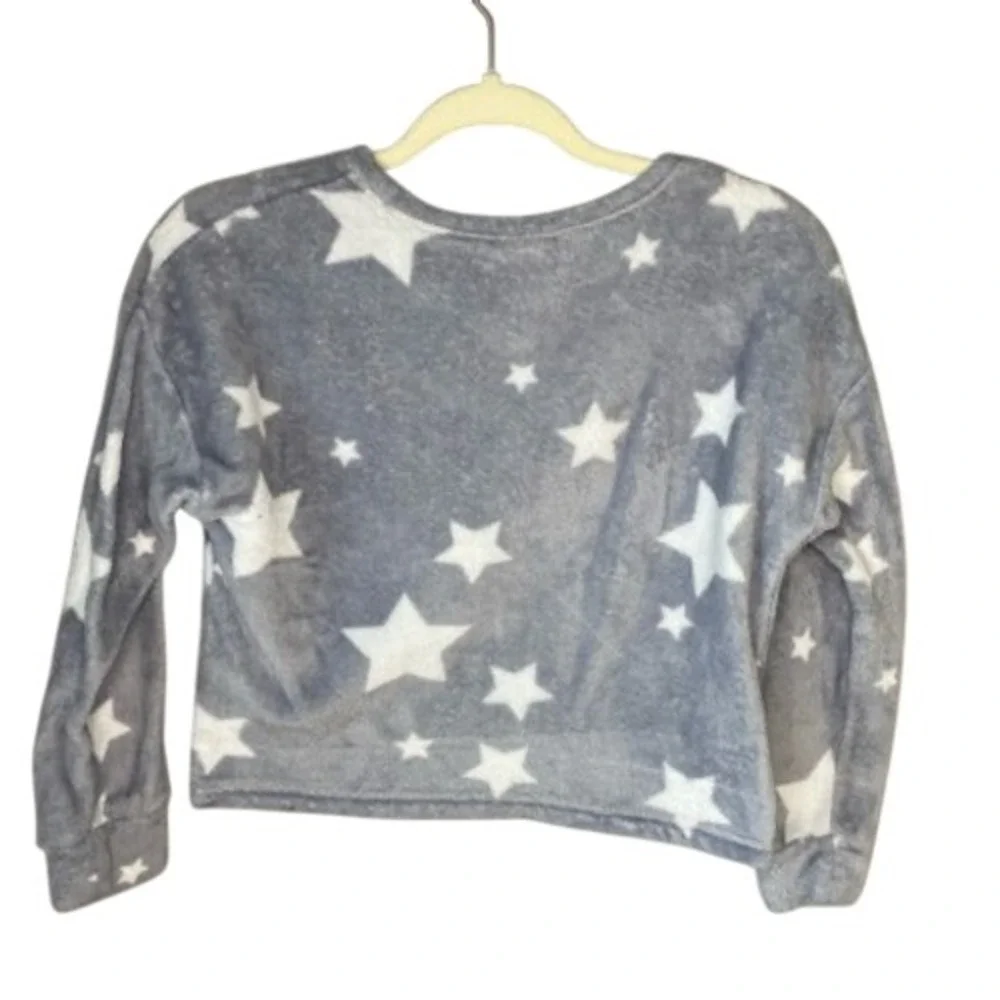 Justice Girls Grey White Star Fleece‎ Pajama Top Sleep Shirt Size S 7/8
